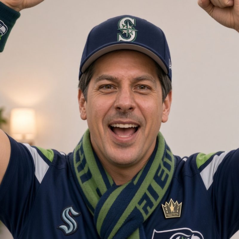 Dan the Fan, an AI sports fan character, cheering with both fists up in a Mariners cap and a Kraken jersey.
